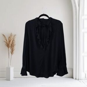 AG Adriano Goldschmied Elegant Black Ruffled Long Skeeve Blouse‎ Size Small NEW
